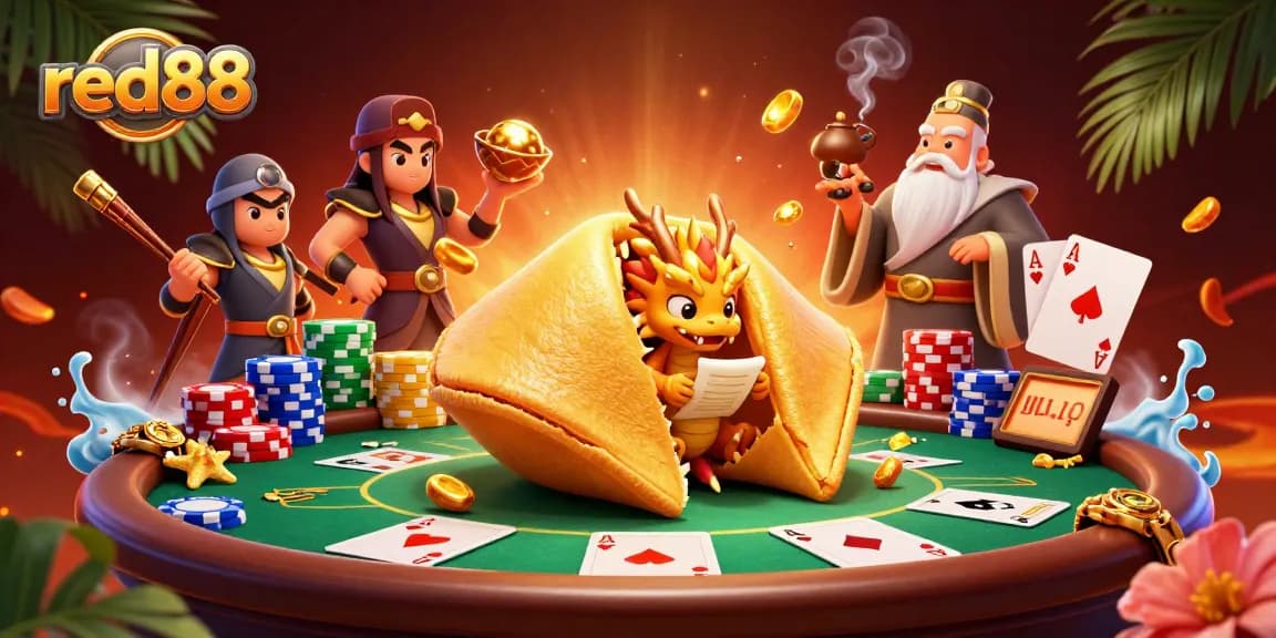 Engage with red88 as a golden fortune cookie reveals treasures in a vibrant casino scene.