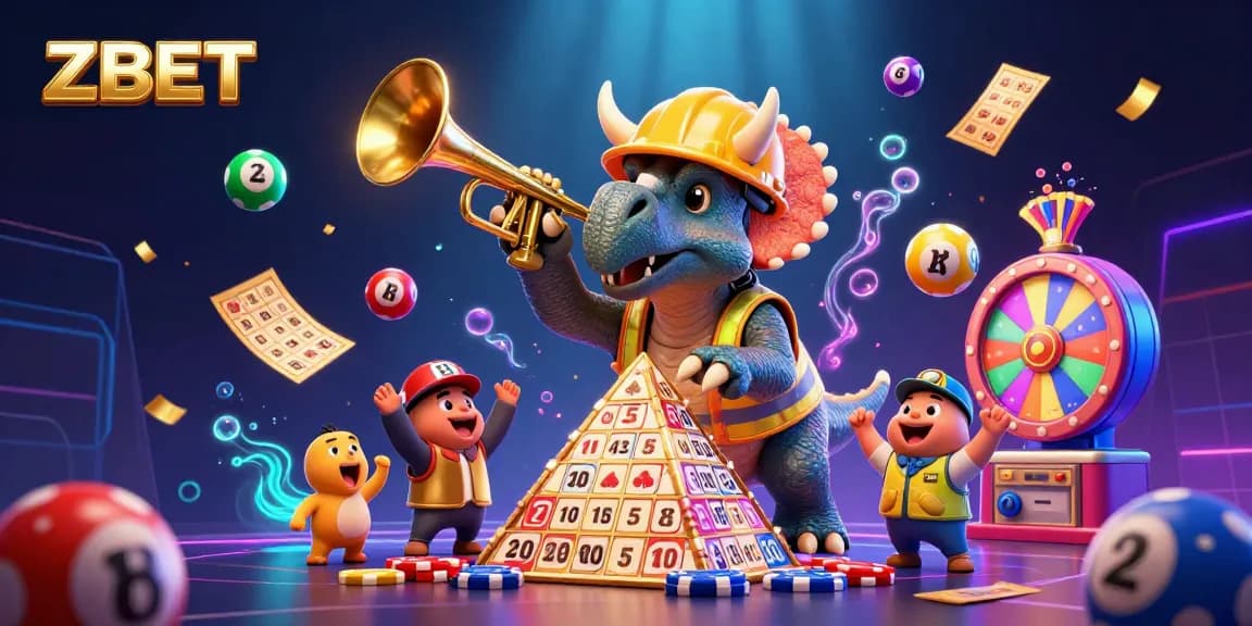 ZBET's vibrant casino celebration with colorful elements and characters building poker chip pyramids in dynamic fun.