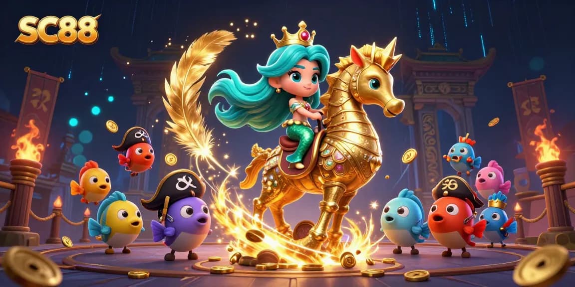 SC88 features a mermaid princess riding a seahorse in a colorful casino scene.