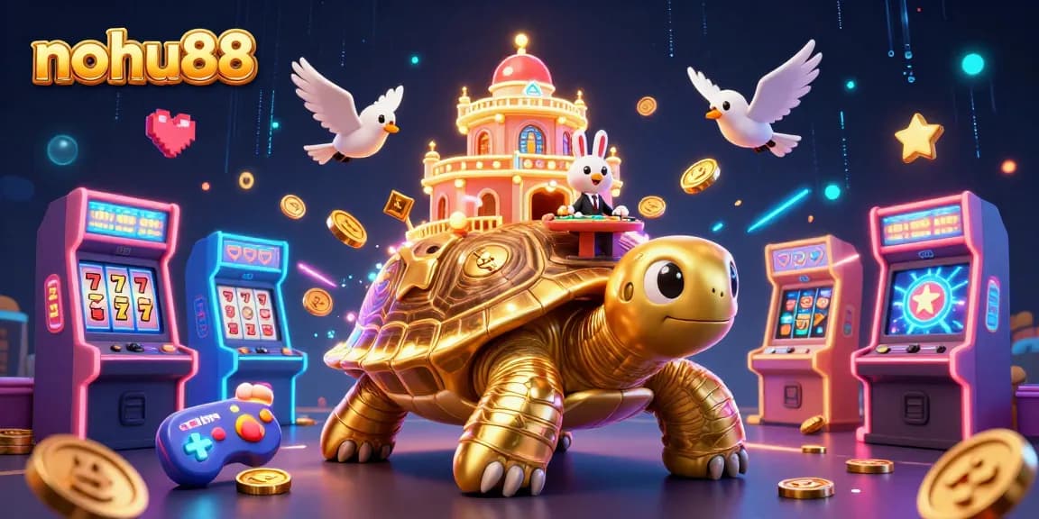 Nohu88 gaming scene featuring a golden tortoise casino with vibrant game elements and a rabbit dealer.