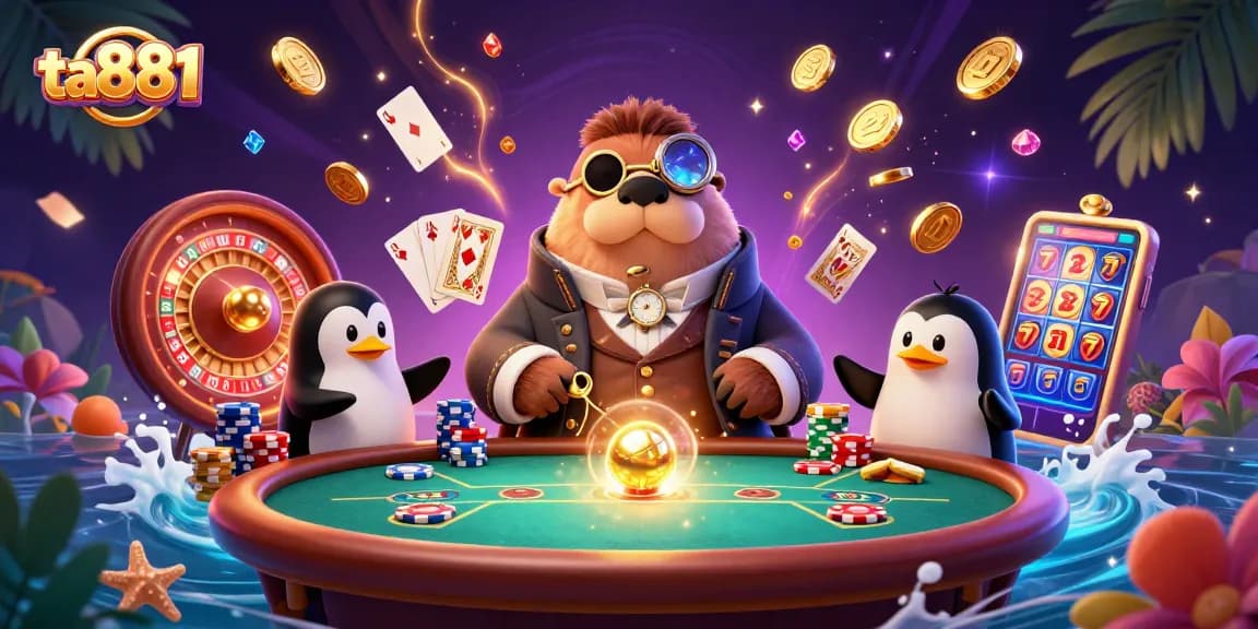 Experience thrilling gaming action at ta881 with a jolly walrus, a penguin dealer, and a pufferfish player.