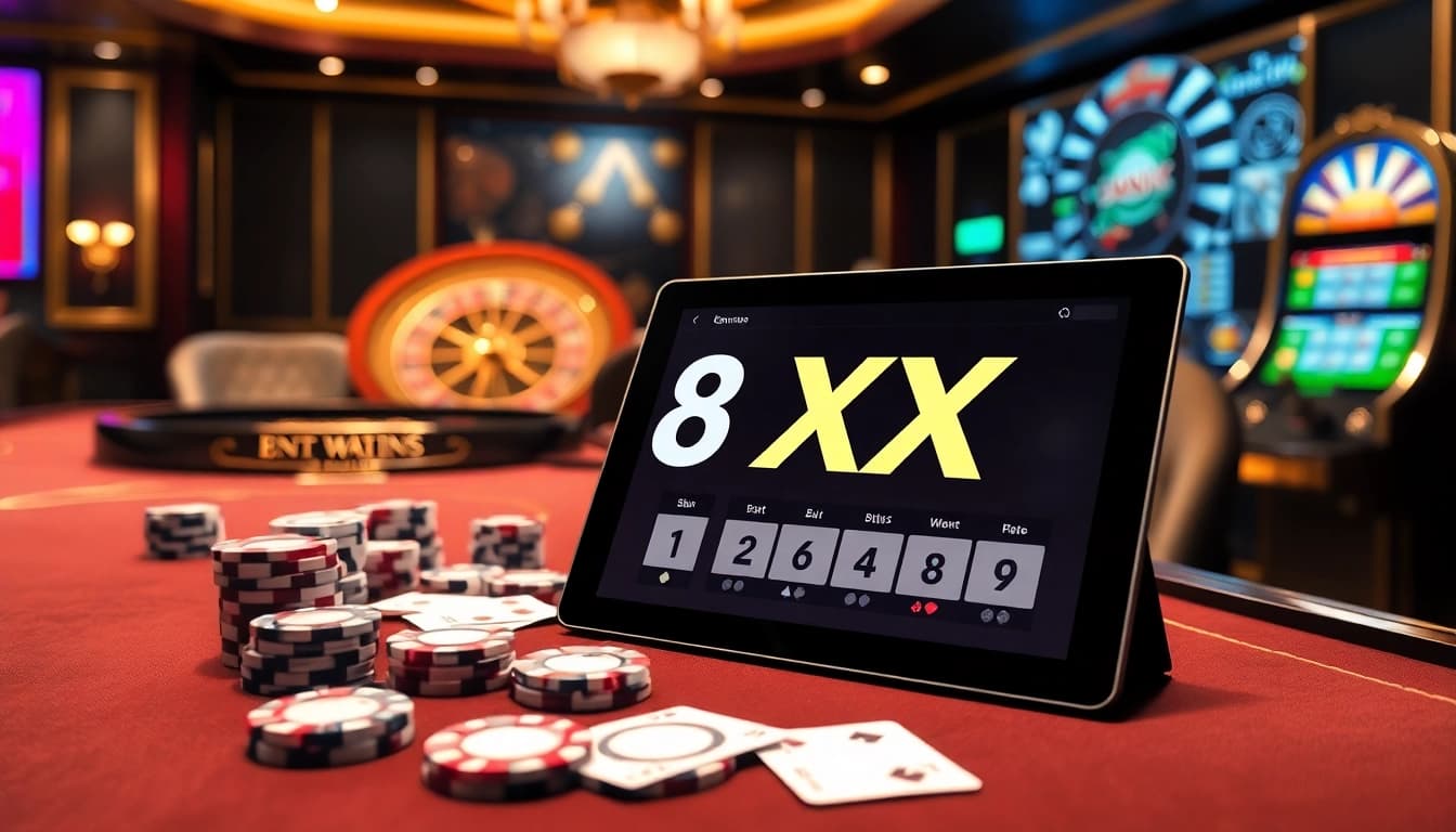 Experience thrilling gameplay at 8XX casino with poker chips, cards, and an inviting roulette wheel.