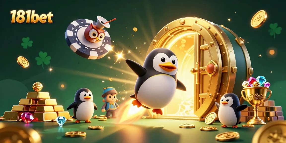 Experience the thrill of 181bet with the vibrant, dynamic casino-themed 3D illustration featuring a golden penguin.