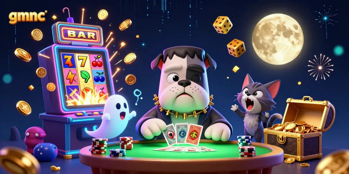 Experience gmnc with lively casino characters and dynamic gaming elements in a vibrant 3D scene.