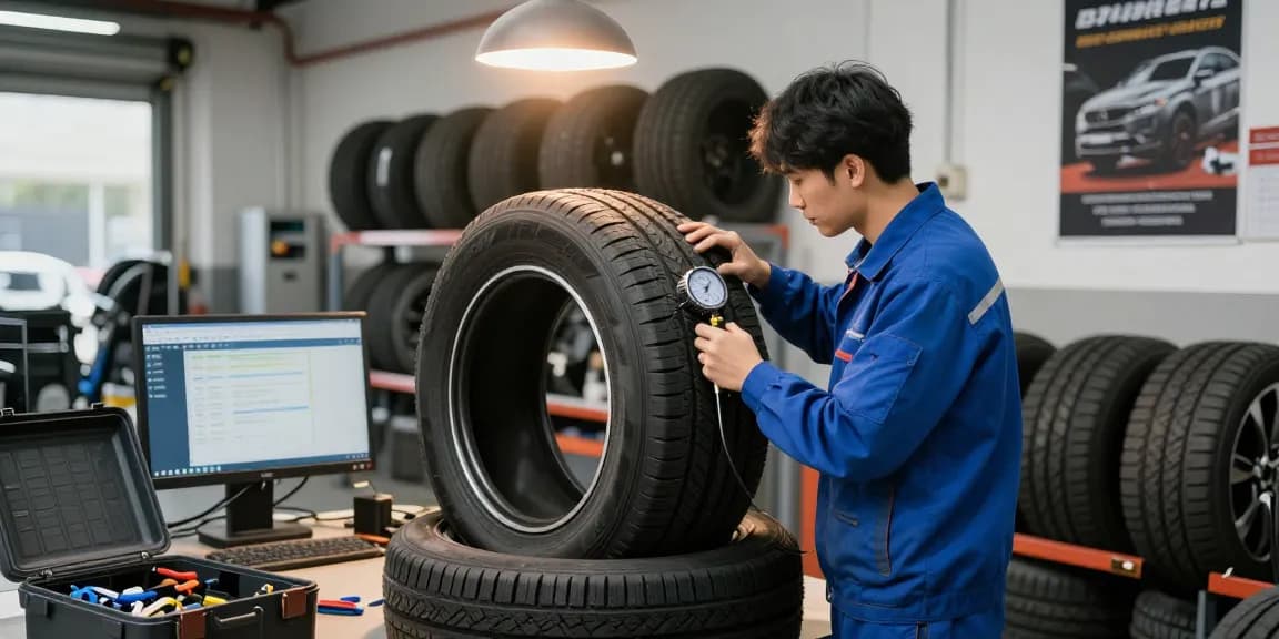 Automotive technician evaluating Double Coin RR99 tire in a professional service center.