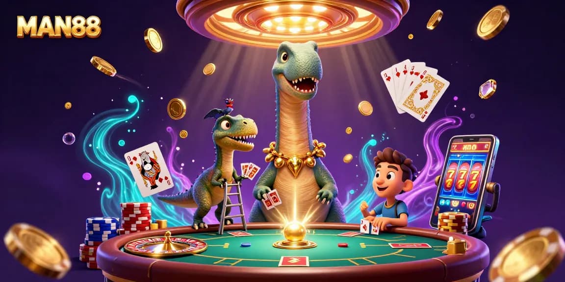 Experience thrill with MAN88 as the playful dinosaur watches a clever raptor deal cards at a vibrant poker table.