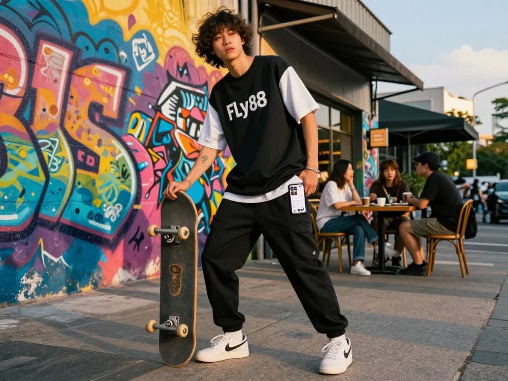 Fly88 streetwear showcased by stylish individual in vibrant urban setting, skateboard in hand, energetic atmosphere.