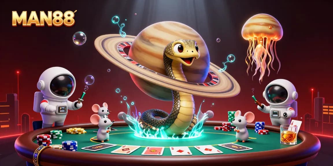 Bet on MAN88 with a spectacular cosmic scene featuring a roulette wheel and poker chips in action!