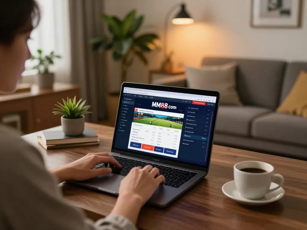 Engaging in sports betting on MM88 com from a stylish home setup, laptop showing thrilling game interface.