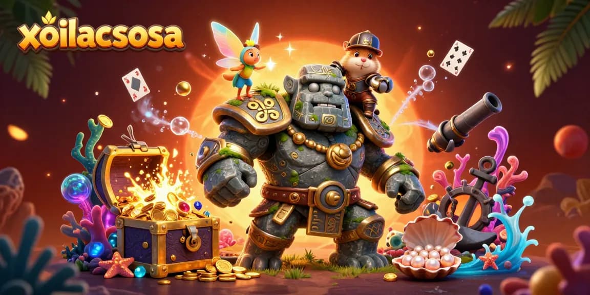 Experience thrilling action with xoilacsosa in this dynamic casino-themed illustration, featuring magical characters and treasure.