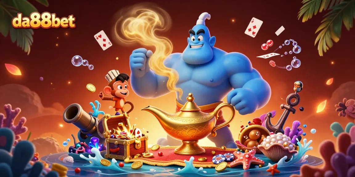 Win big with da88bet in this vibrant casino scene featuring genies and poker chips.