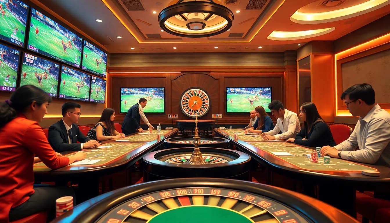 Engaging live betting scene for đá gà trực tiếp with vibrant casino atmosphere.
