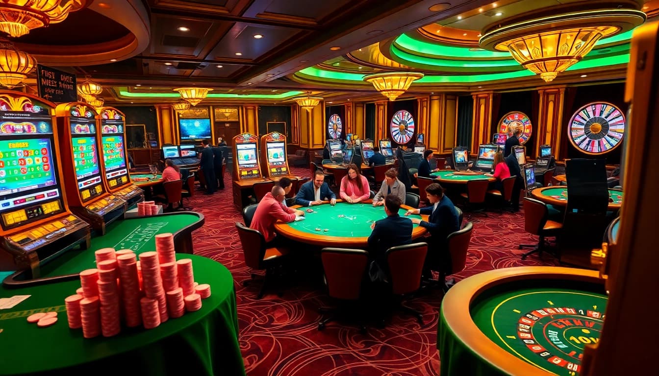 Dynamic gameplay at mm88 com with vibrant tables, cards, and slot machines in a luxurious casino setting.