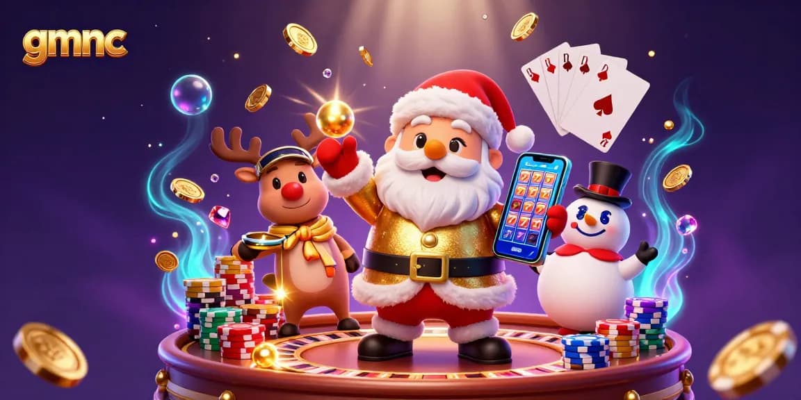 Experience gmnc's vibrant world of gaming with Santa, reindeer, and snowman in a casino scene.