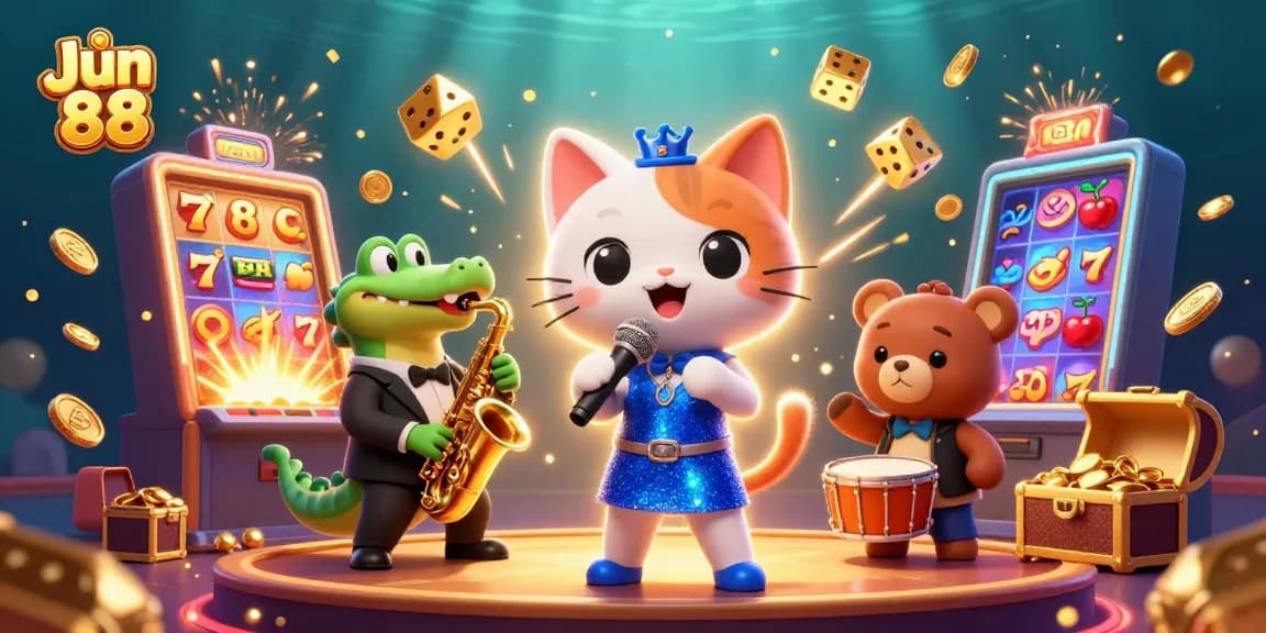 Engage with Jun 88's dynamic casino atmosphere featuring festive characters and jackpot excitement.