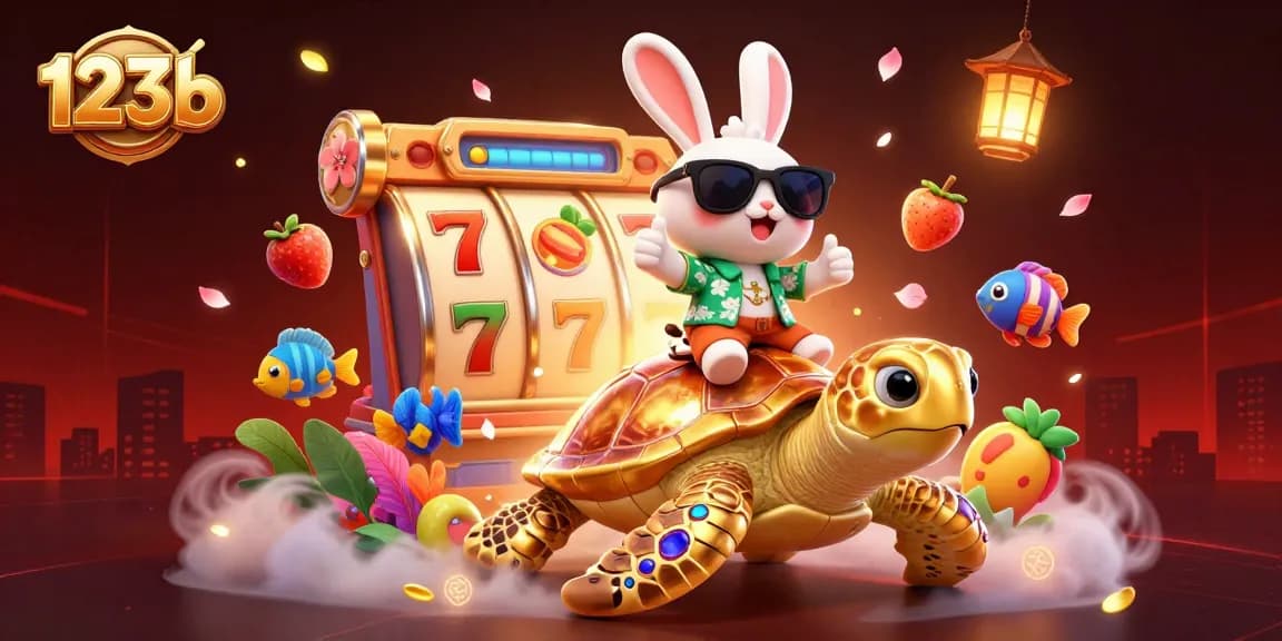 Experience 123b's colorful casino scene with a lucky rabbit and a golden turtle amidst vibrant game elements.