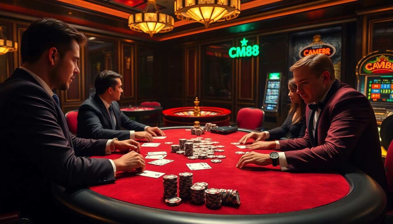 Experience high-stakes excitement with CM88 at a luxurious casino poker table surrounded by chips and cards.