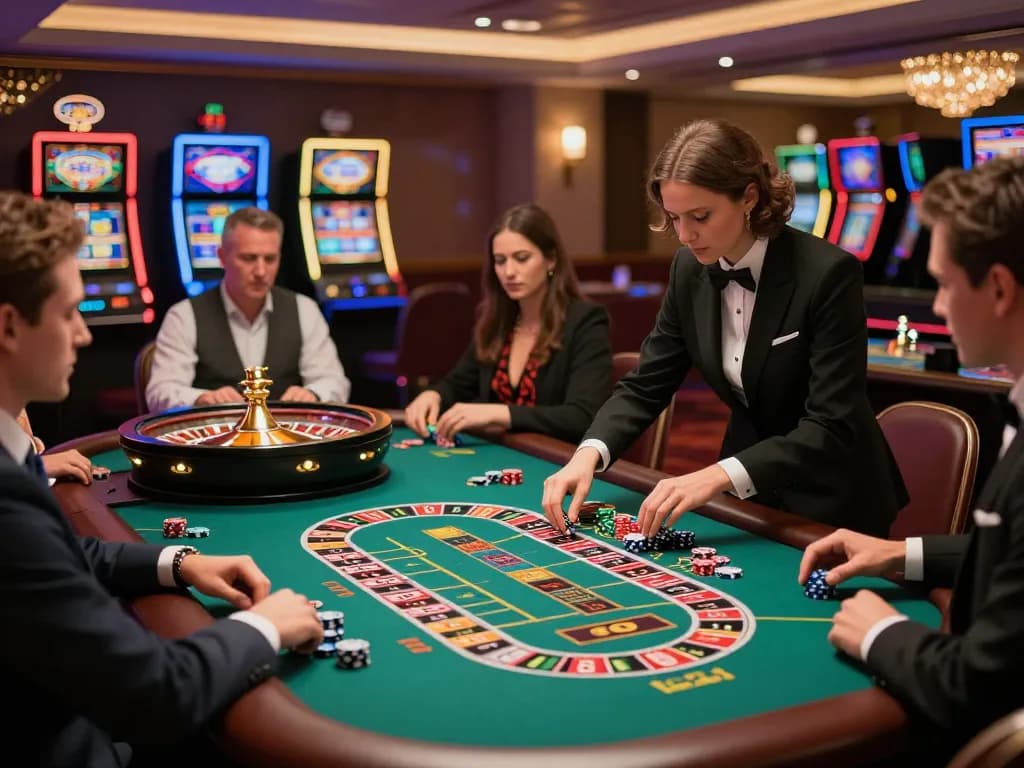 VA88 players eagerly betting at a roulette table in a vibrant casino atmosphere