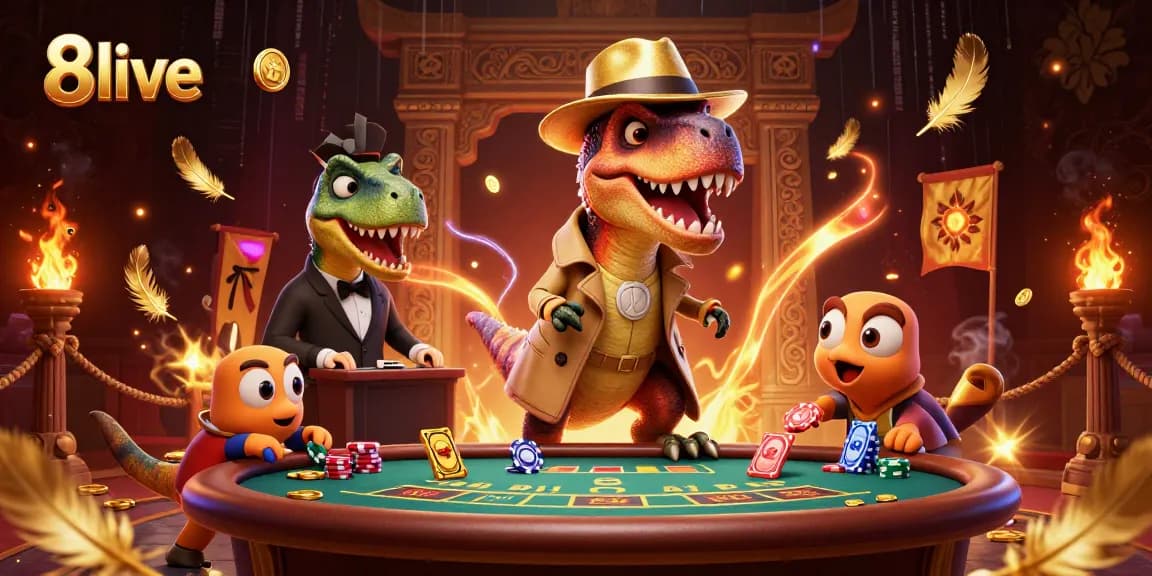 8live velociraptor card counter and pit boss in 3D casino illustration, bringing excitement to gambling.