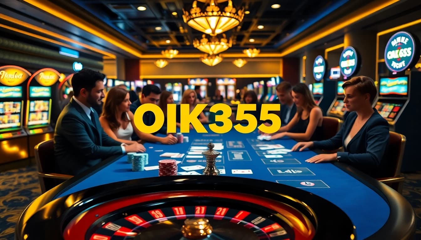 Players enjoy a thrilling game at OK365's elegant casino table amidst vibrant slot machines.