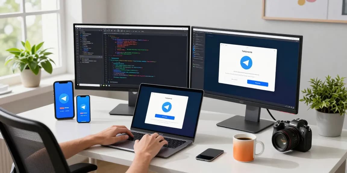 Download Telegram app on a laptop in a modern tech workspace, featuring coding interfaces and smartphone notifications.