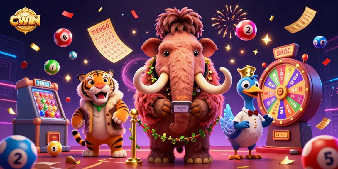 CWIN introduces an exciting scene with a woolly mammoth bouncer at a vibrant casino door, engaging guests and lottery balls.