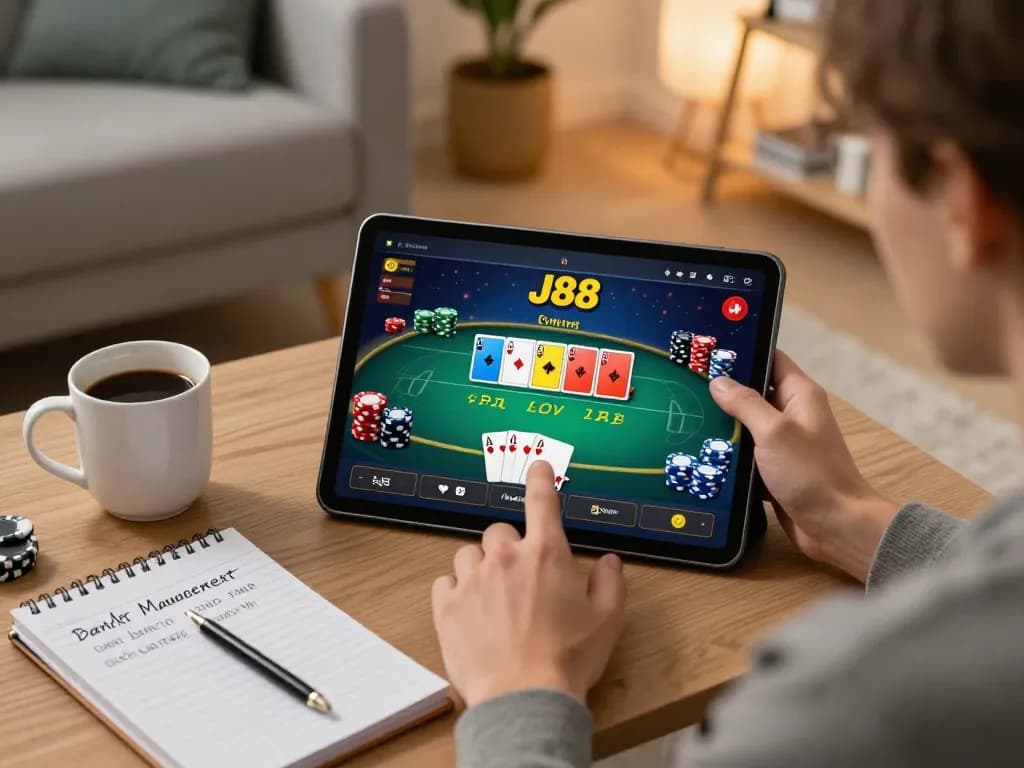 Player enjoying the J88 gambling app on a tablet, showcasing vibrant poker gameplay and bankroll notes.
