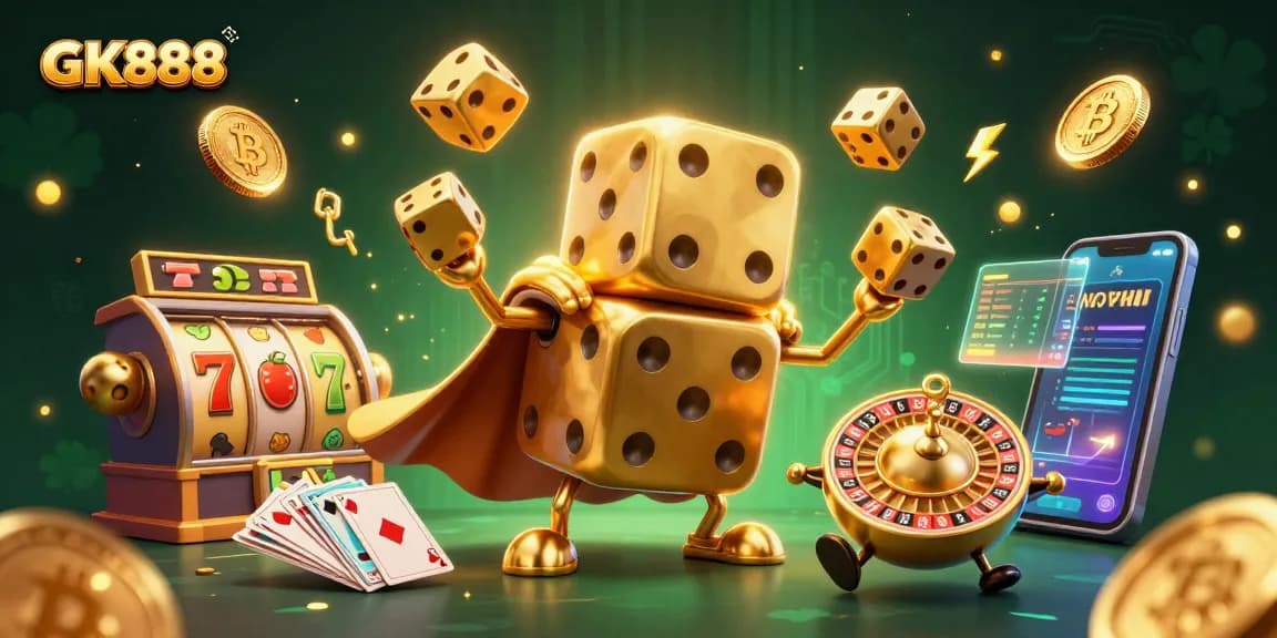 Experience immersive GK888 gaming with a lively 3D casino illustration featuring slot reels and golden dice.