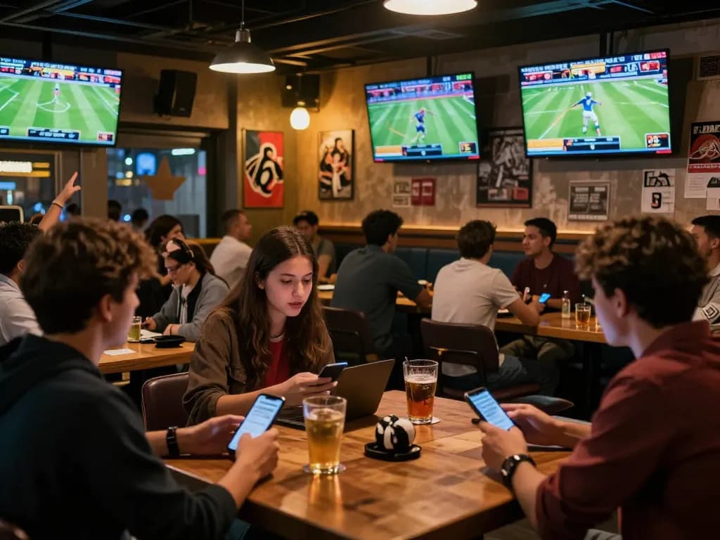Tỷ lệ kèo nhà cái hôm nay vividly illustrated as patrons cheer while placing bets in a lively sports bar.