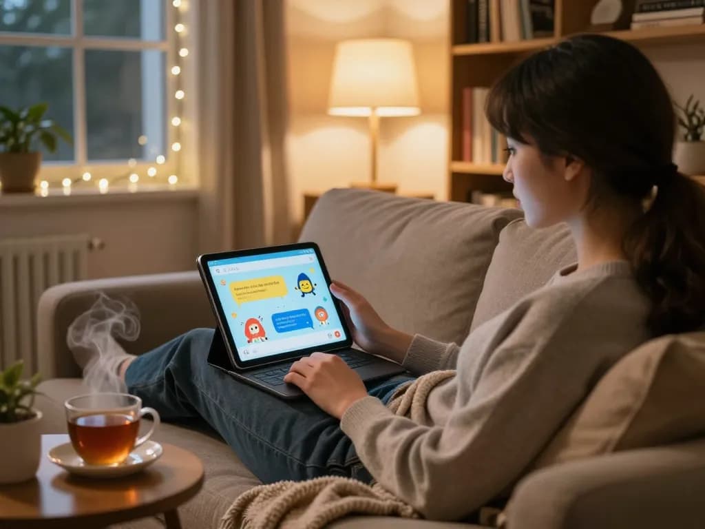 Engaging intimate AI 18+ chat scene with cozy home setting and tablet.