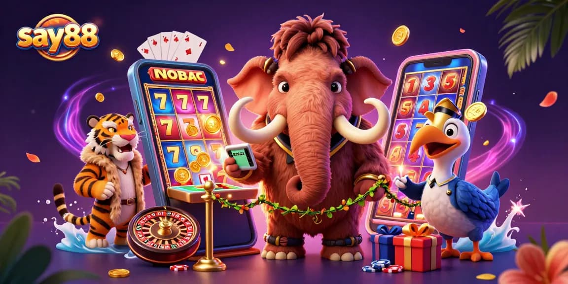Join the excitement at say88 with a vibrant casino scene featuring entertaining cartoon characters amid thrilling game elements.