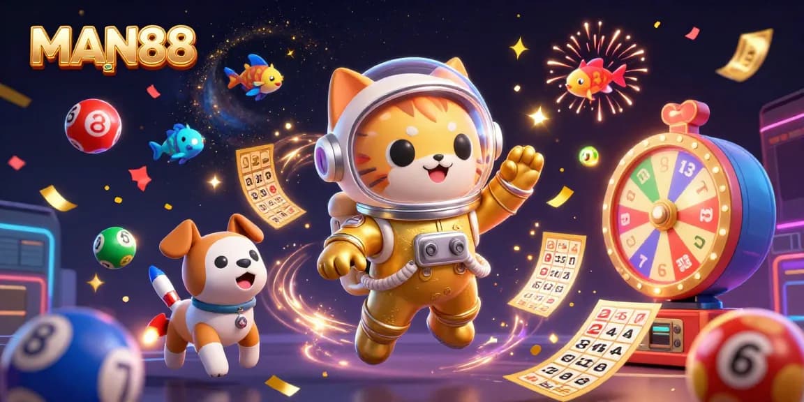 Experience the excitement of winning at MAN88 with vibrant gaming elements and cosmic characters.
