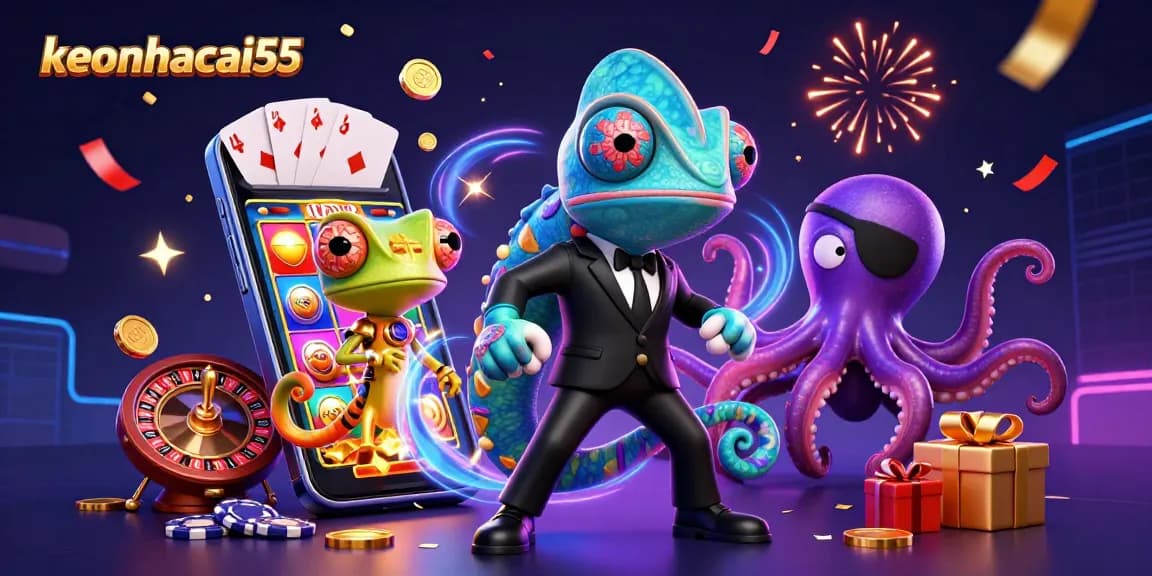 Spin and win with keonhacai55 featuring vibrant slot games, rewards, and energetic casino characters.