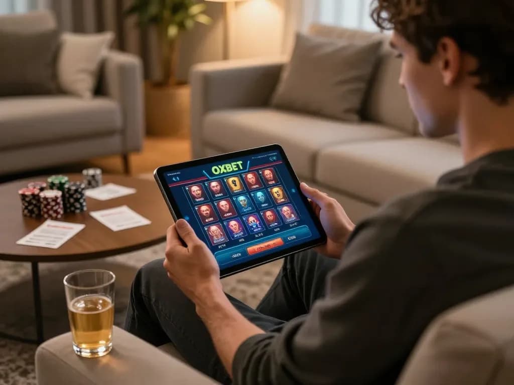 OXBET player engaging in online gaming on a tablet in a cozy living room setup.
