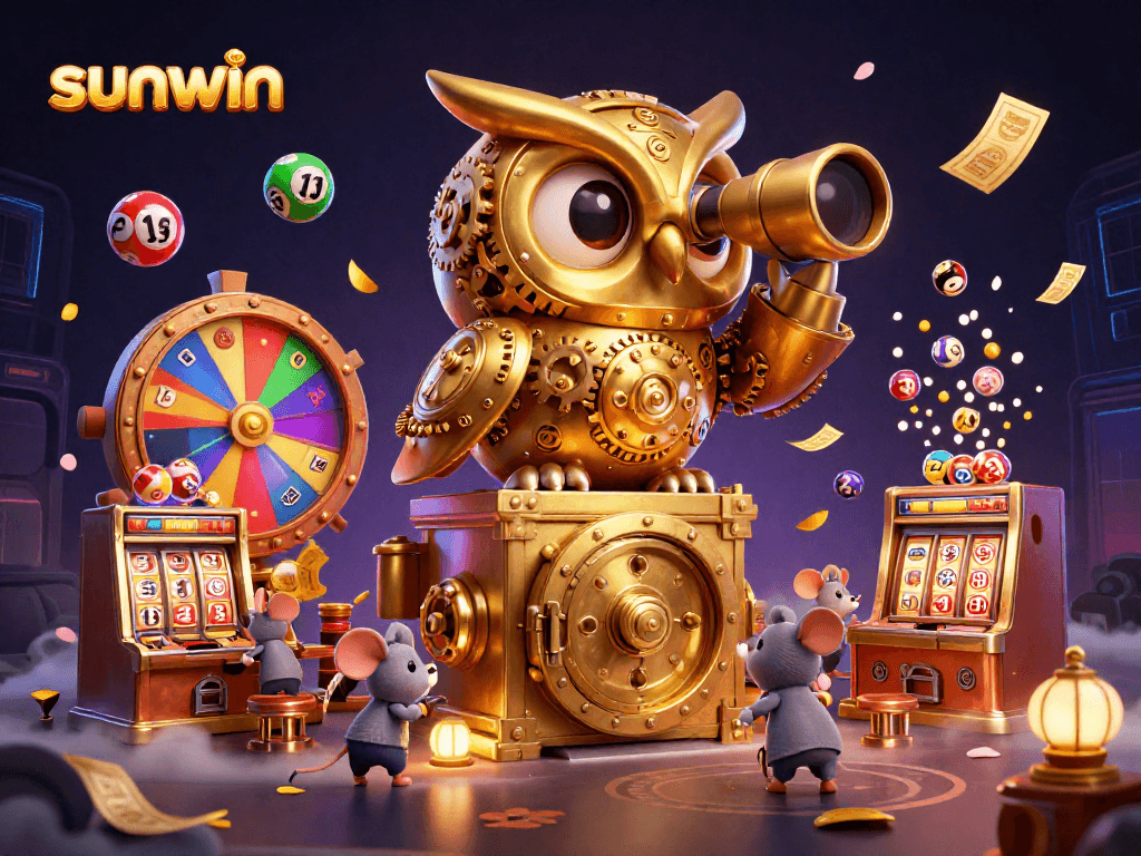 Experience thrilling games at sunwin casino with an engaging 3D illustration featuring a golden owl and wind-up mice.