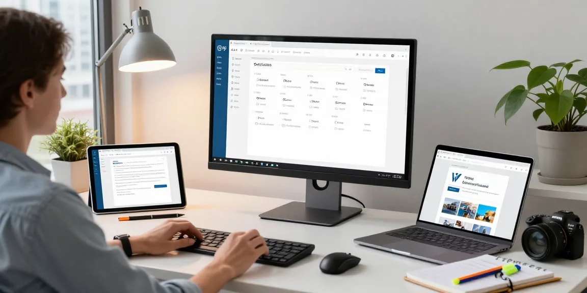 User engaging with WPS Download on a digital workspace with productivity tools and a city backdrop