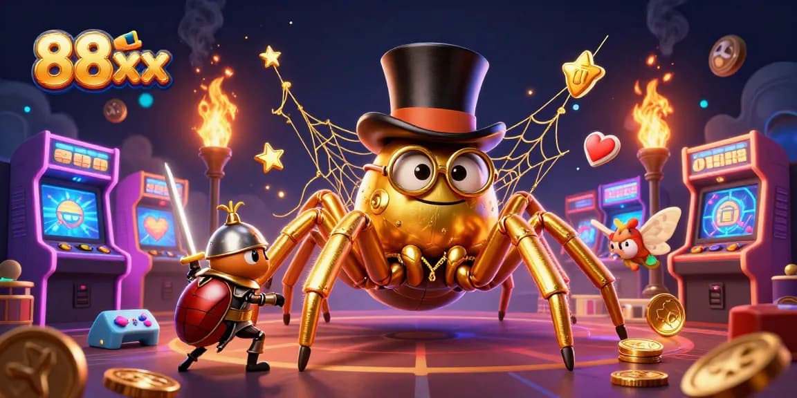 Engage with 88xx's vibrant casino scene featuring a golden tarantula and beetle knight.