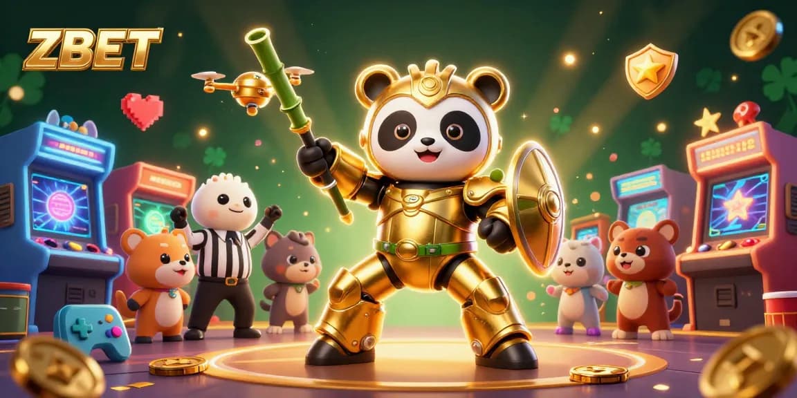 ZBET showcases a golden panda in a mech suit battling in an animated casino arena filled with excitement.