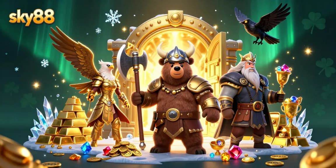 Engage with sky88 at this vibrant casino scene featuring a Viking bear, Valkyrie eagle, and rich treasures.