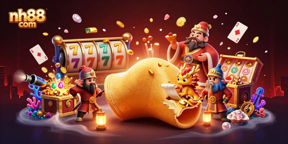 Experience the excitement at nh88 com with dynamic slots, floating cards, and a wise dragon in a vibrant casino scene.