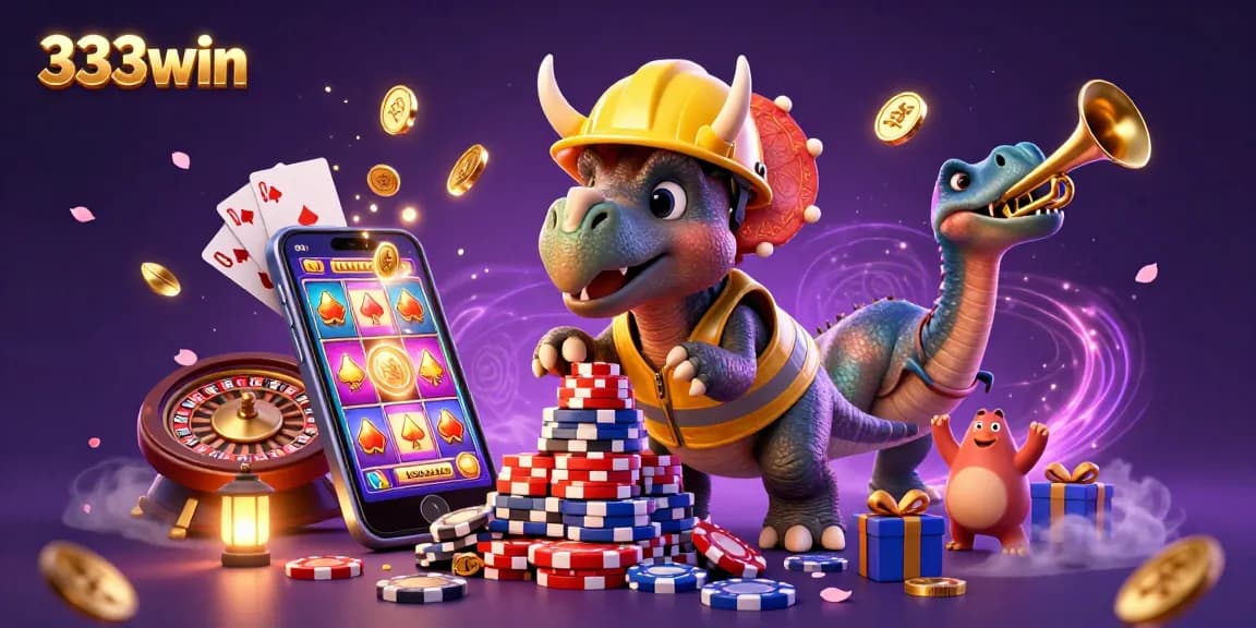 Engage with the thrilling 333win casino experience featuring a playful triceratops building poker chip towers amidst colorful games.
