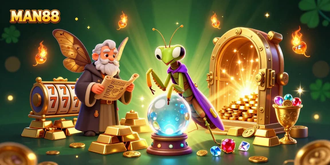 Engage with MAN88's vibrant casino magic, featuring whimsical characters exploring fortune in a mystical setting.