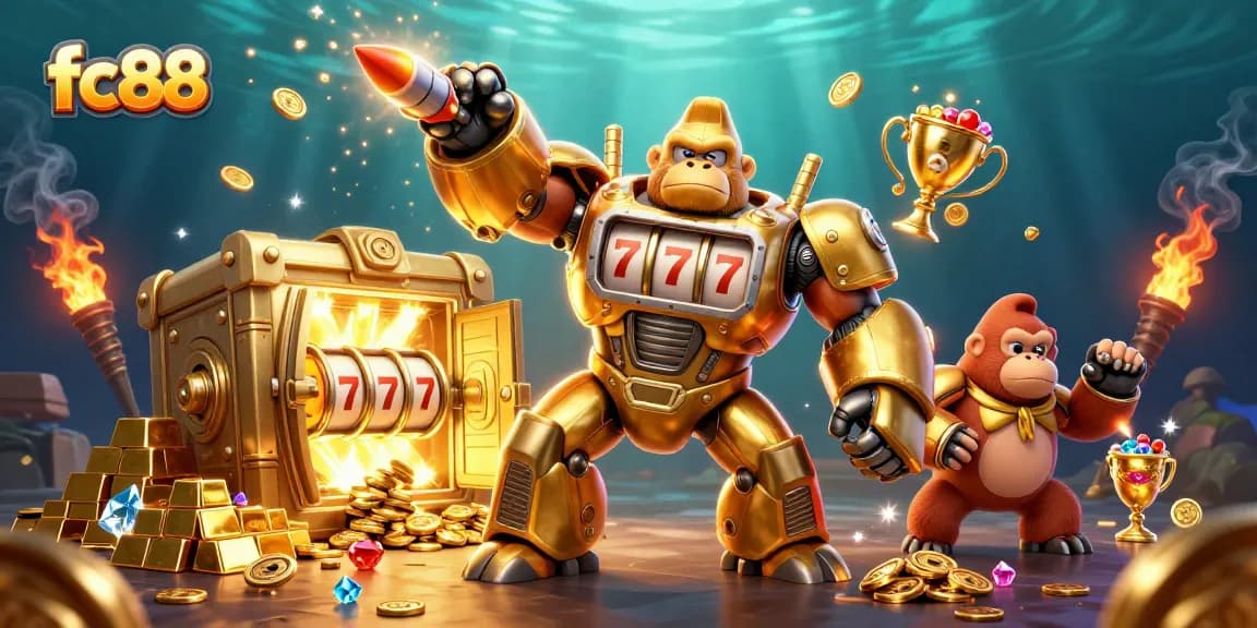 Experience exhilarating wins at fc88, featuring a dynamic golden gorilla mech amidst cascading treasures.