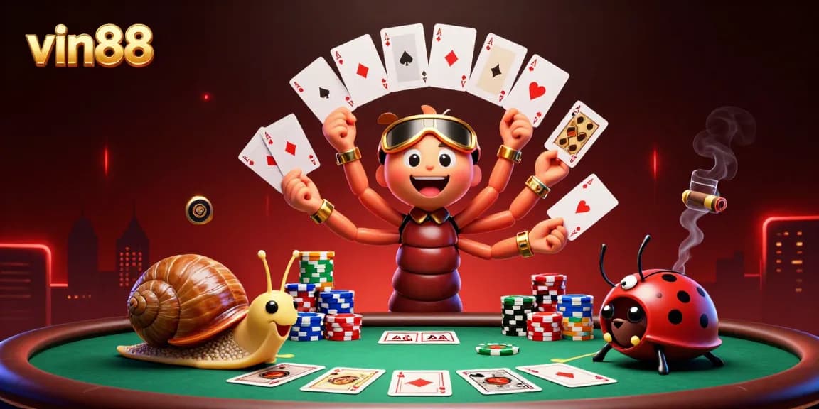 Experience vin88's vibrant casino atmosphere with multi-handed dealer, chips, and dynamic gameplay elements.
