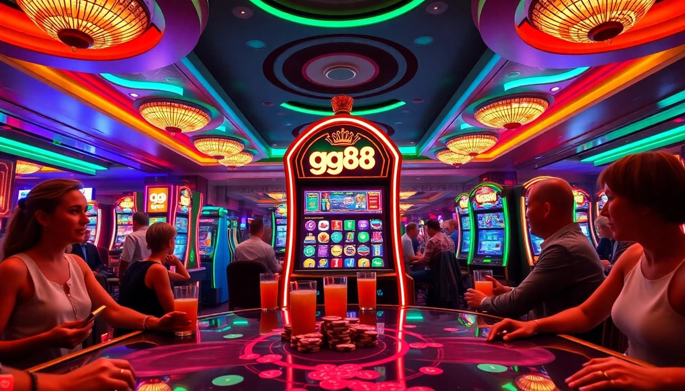 Experience the excitement of gg88 slot with players engaging at a vibrant casino scene filled with luxury.