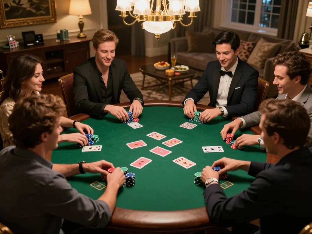Intense poker game session at home with friends, featuring uu88 vom gameplay strategy and excitement.