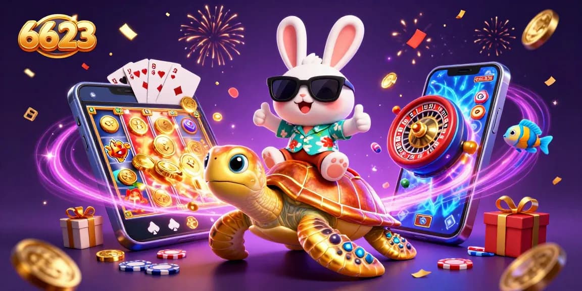 Engage with 6623's exhilarating casino atmosphere featuring a lucky rabbit and golden turtle among vibrant slot elements.