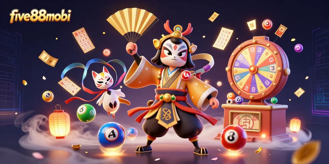 Engage with five88mobi through a lively gaming scene featuring vibrant lottery elements and 3D characters.