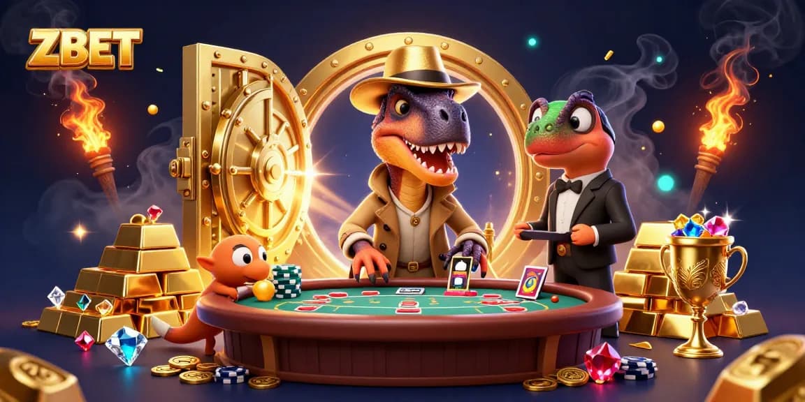 ZBET casino illustration showing a velociraptor card counter at blackjack with a stegosaurus and a compy pickpocket in a vibrant scene
