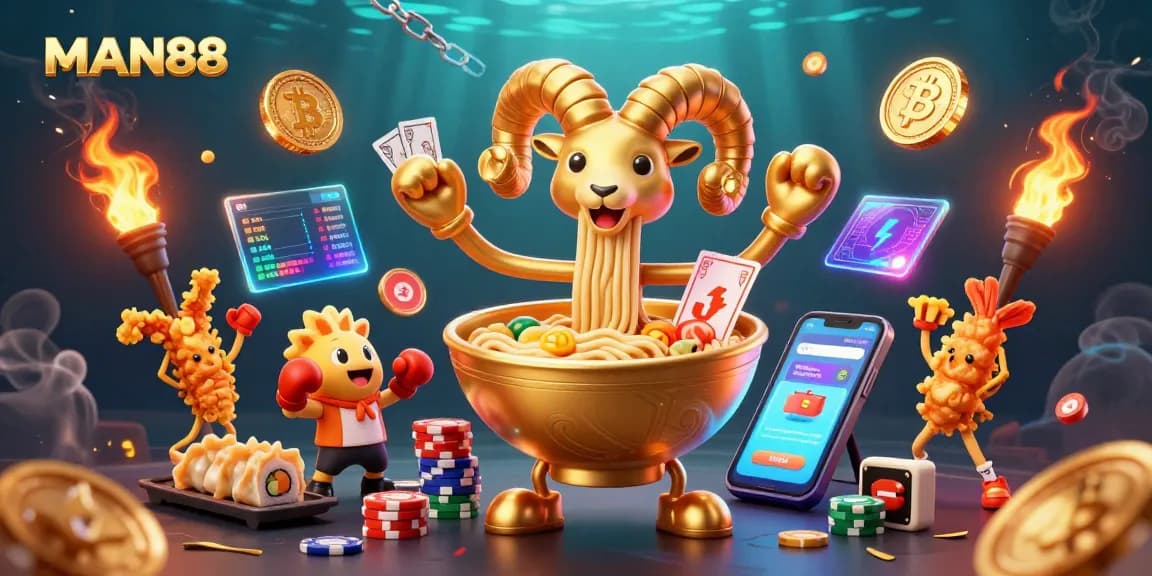 Engage with MAN88 at a lively casino scene featuring animated characters and crypto elements.